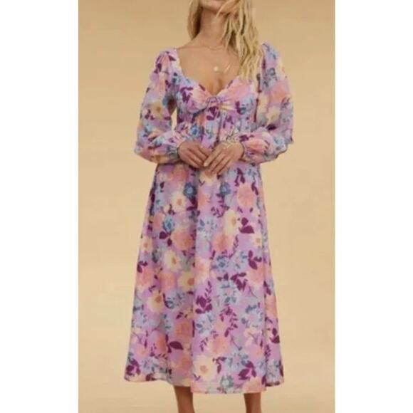 BILLABONG Dress L SALTY BLONDE Paradise Love Floral Smocked Balloon Sleeve Pink - Picture 1 of 14